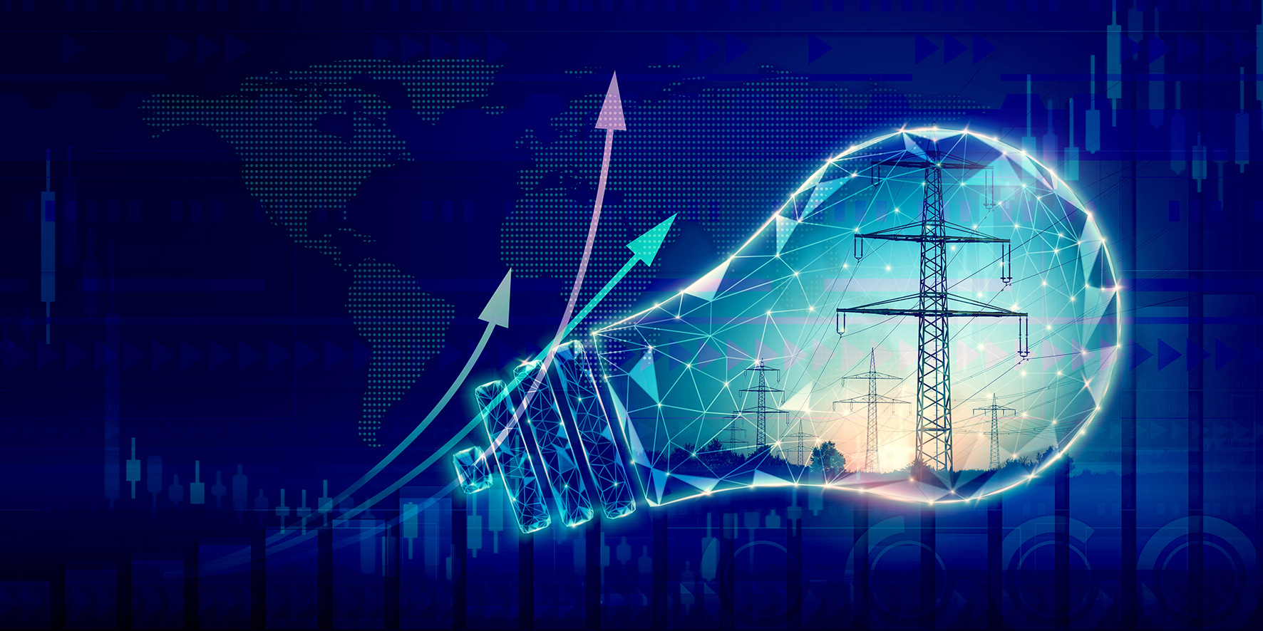 A symbolic light bulb representing energy efficiency, with high-voltage power lines in the background, illustrating the concept of industrial IoT solutions helping European factories reduce energy costs and improve operational efficiency.